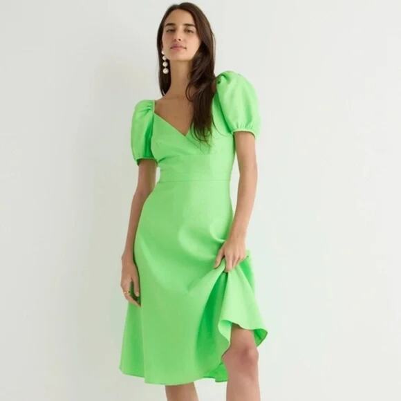 J. Crew Lime Green Surplice Puff Sleeve Linen Blend Midi Dress NWT - Picture 1 of 14
